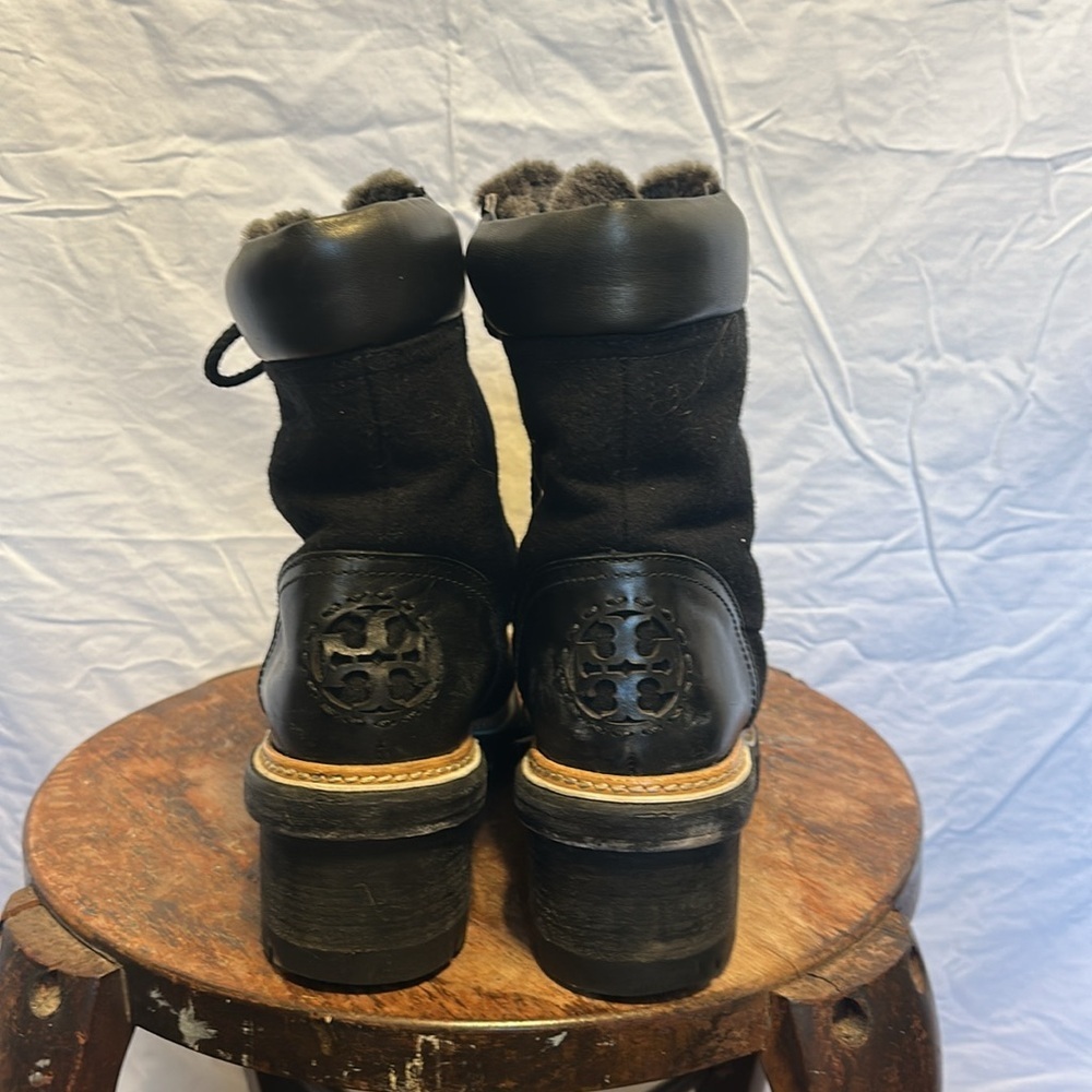 Tory Burch Shearling Wool Leather Miller Lug Sole Black/Grey Bootie size 10.5 - Picture 4 of 10